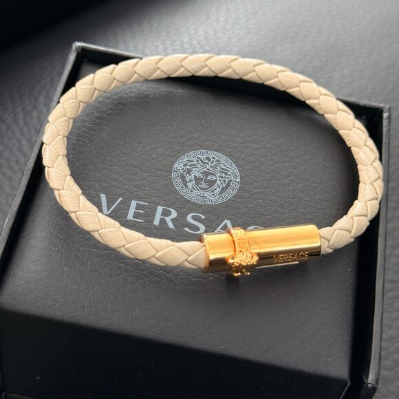Versace Leather and Brass Medusa Head Cuff Bracelet, size Medium or Large - Picture 7 of 14